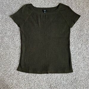 Talbots Olive Green Herringbone Pointelle Short Sleeve Sweater, Size Petite Med
